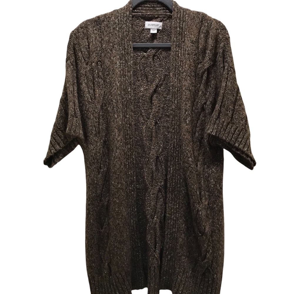 Avenue Cotton Blend Cable Net Open Sweater in brown
